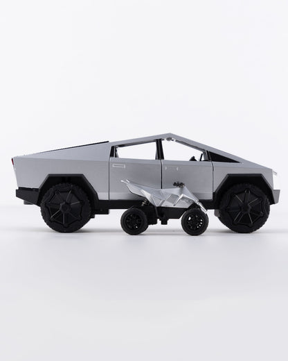 Tesla Cybertruck with Cyberquad Diecast Silver Car 1:24 Scale - Ignition Prime